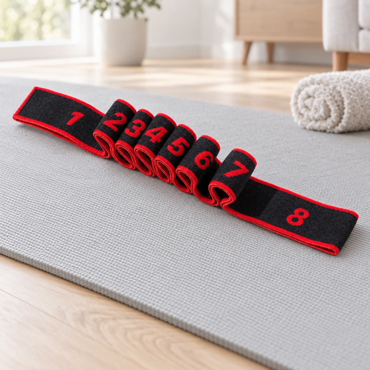 Treningsstrikk i sort med rød kant og åtte nummererte løkker på en grå yogamatte