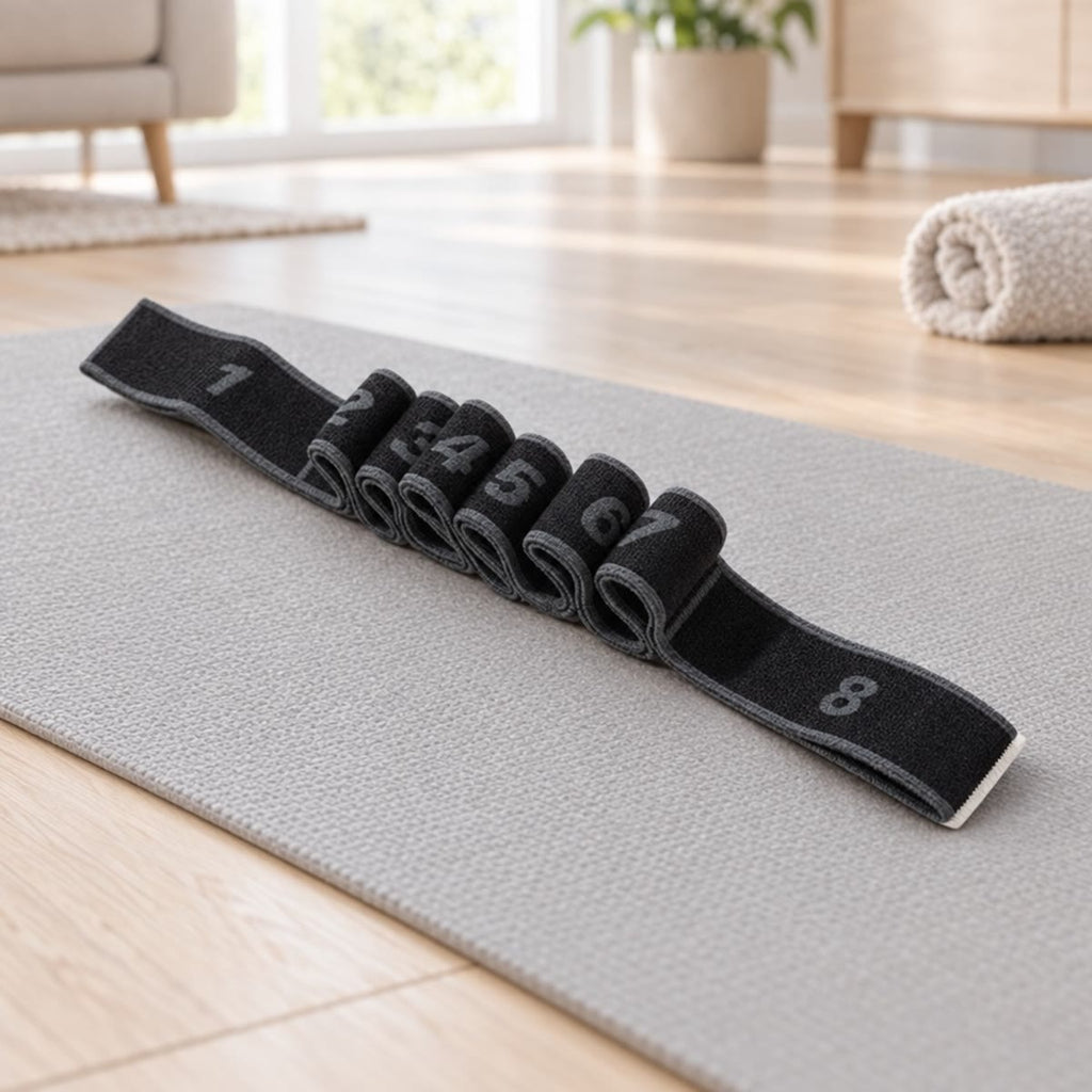 Treningsstrikk i sort med grå tall på løkkene, liggende på en yogamatte på tregulv