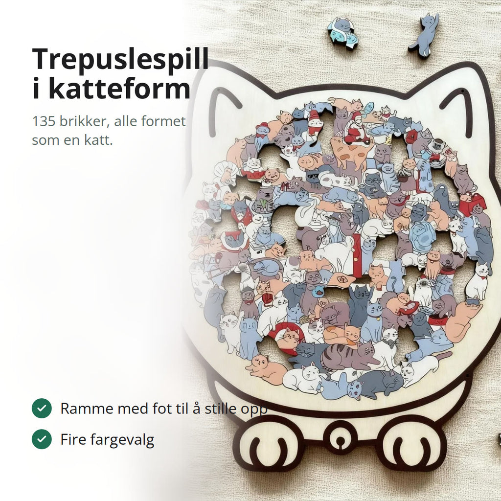 Ferdig lagt trepuslespill i katteform på en lin duk, med løse brikker rundt