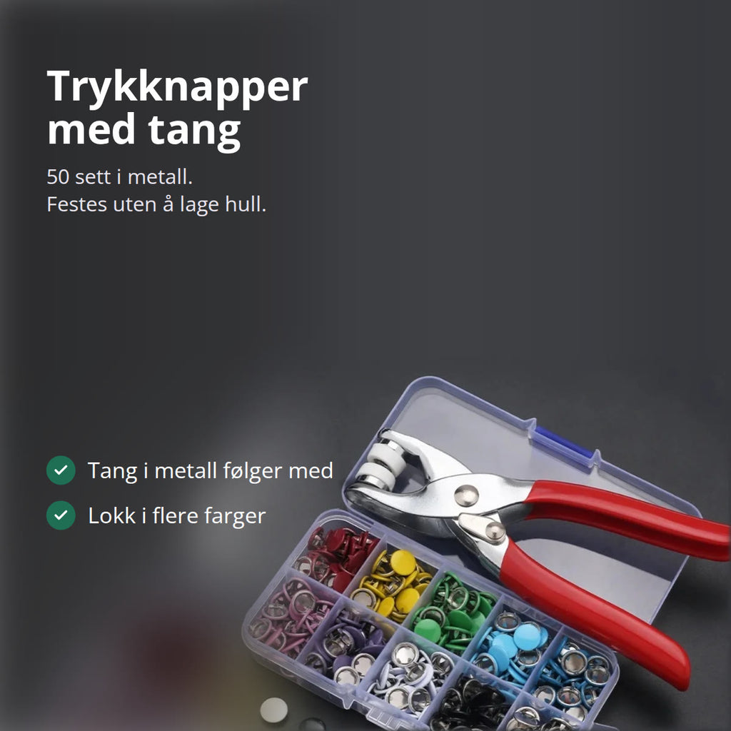 Trykknapptang med røde håndtak liggende i lokket på en plastboks med fargede trykknapper i metall, på mørkt underlag