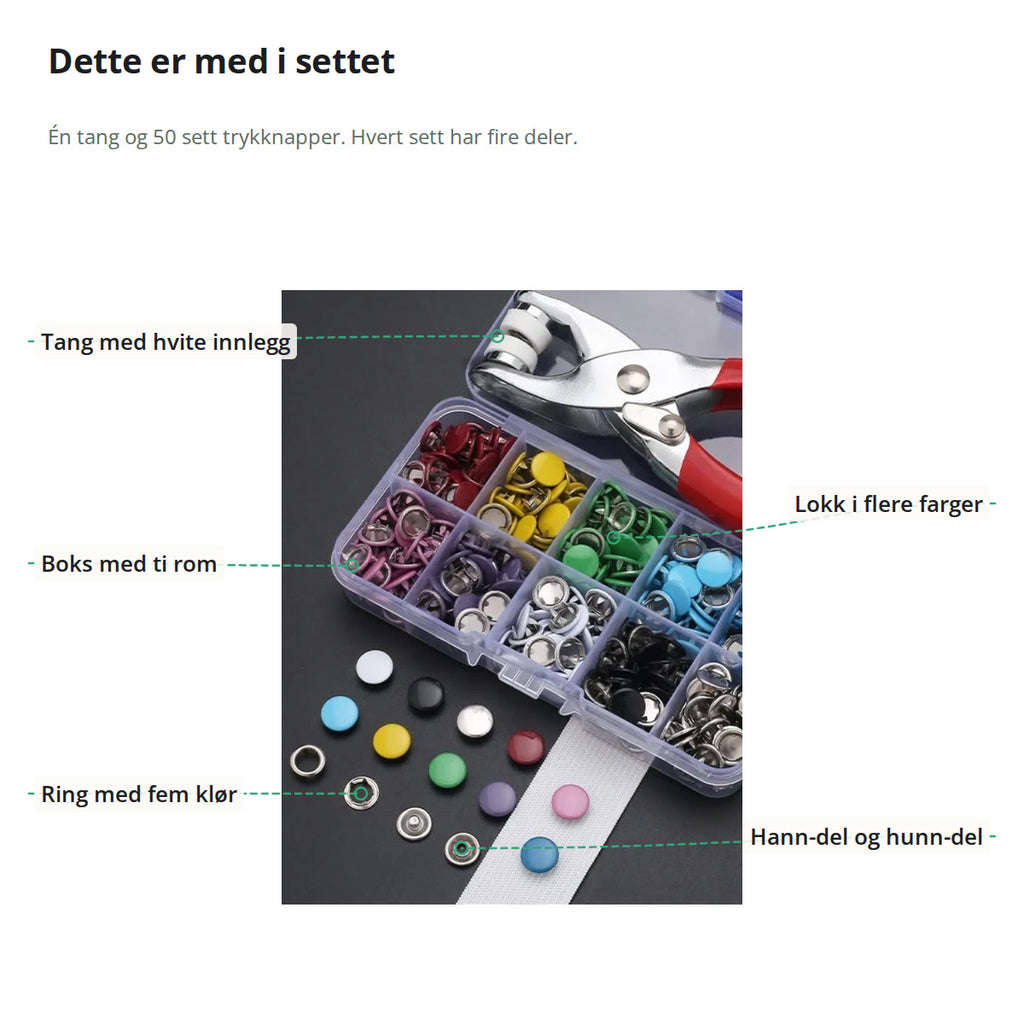Settet merket med tang med hvite innlegg, boks med ti rom, lokk i flere farger, ring med fem klør og hann-del og hunn-del