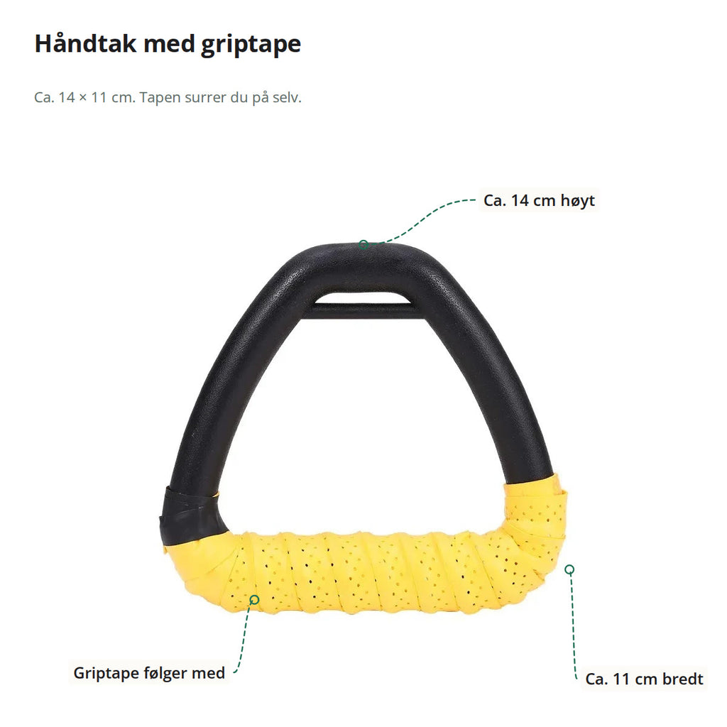 Ett håndtak med gul griptape, med høyde og bredde merket