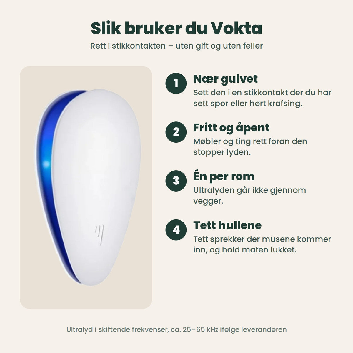 Slik bruker du Vokta: nær gulvet, fritt og åpent, én per rom, og tett hullene
