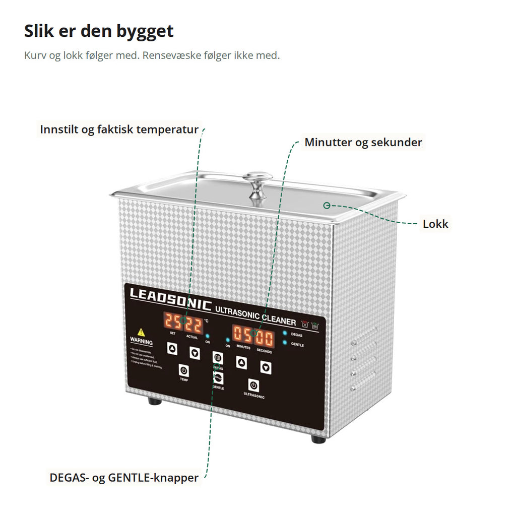 Ultralydvaskeren merket med lokk, display for innstilt og faktisk temperatur, display for minutter og sekunder og knapper for DEGAS og GENTLE