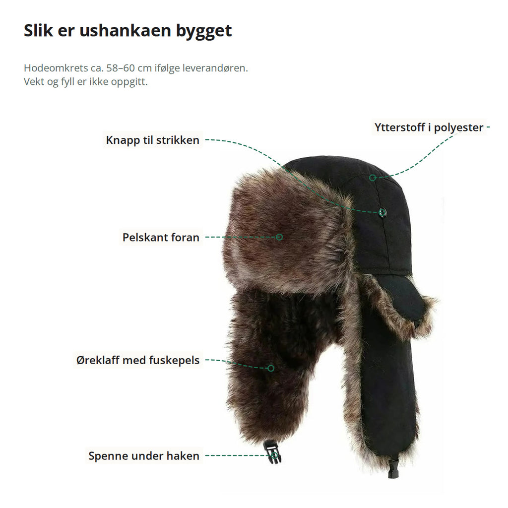 Ushankaen merket med ytterstoff i polyester, knapp til strikken, pelskant foran, øreklaff med fuskepels og spenne under haken
