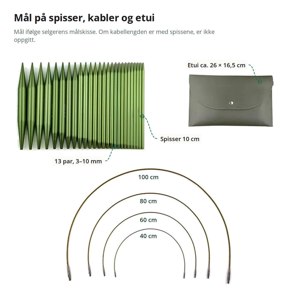 Mål ifølge selgeren: spisser på 10 cm, kabler merket 40, 60, 80 og 100 cm og etui på ca. 26 × 16,5 cm