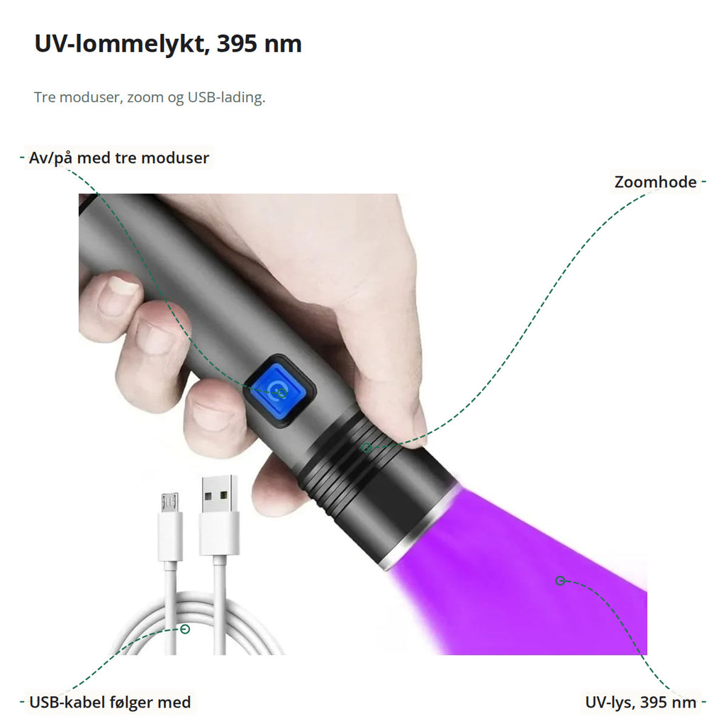 UV-lommelykt i hånden merket med av/på-knappen, zoomhodet, det fiolette UV-lyset og USB-kabelen