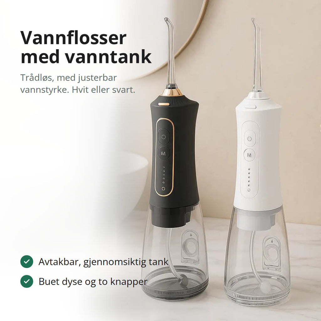 Hvit trådløs vannflosser med buet dyse og gjennomsiktig, avtakbar vanntank i bunnen