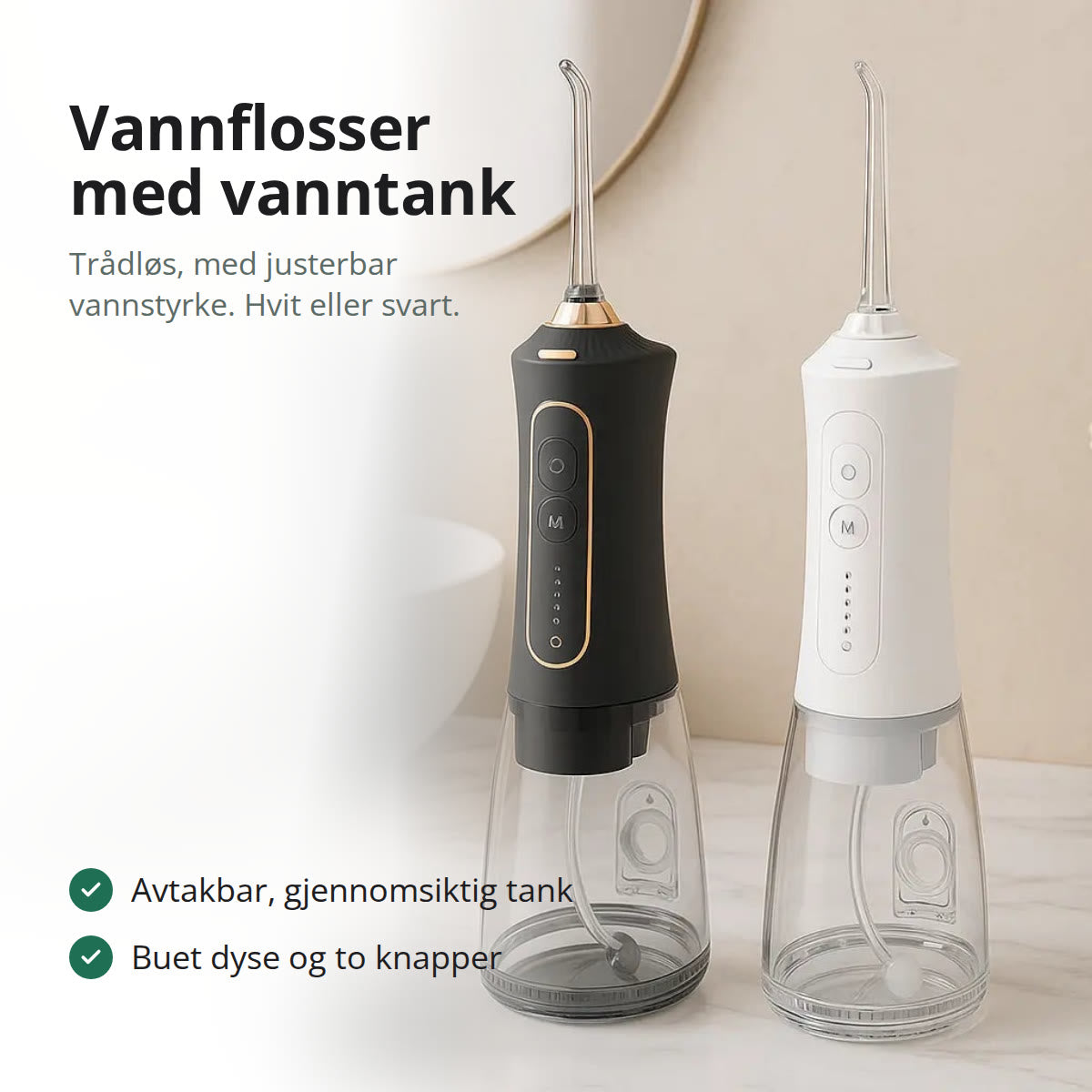 Hvit trådløs vannflosser med buet dyse og gjennomsiktig, avtakbar vanntank i bunnen
