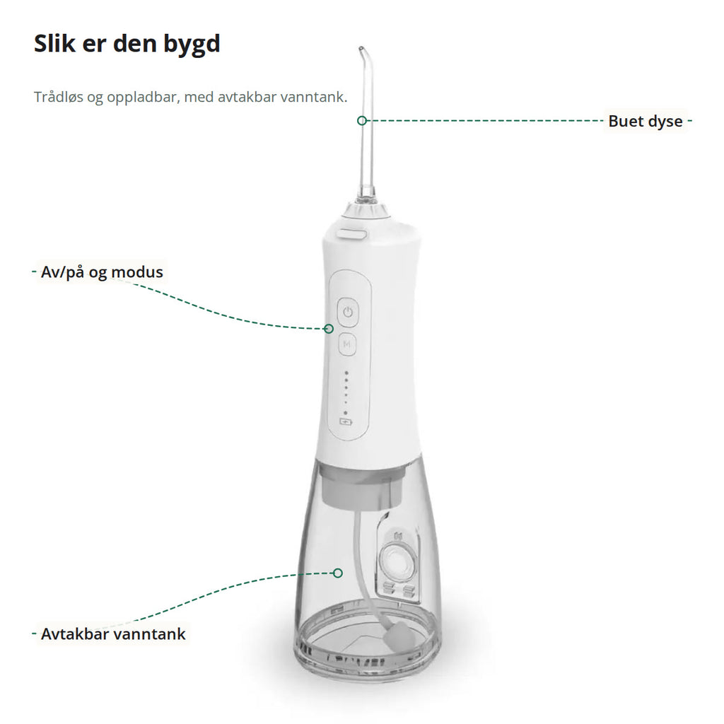 Vannflosseren med buet dyse, knapper for av/på og modus og avtakbar vanntank markert