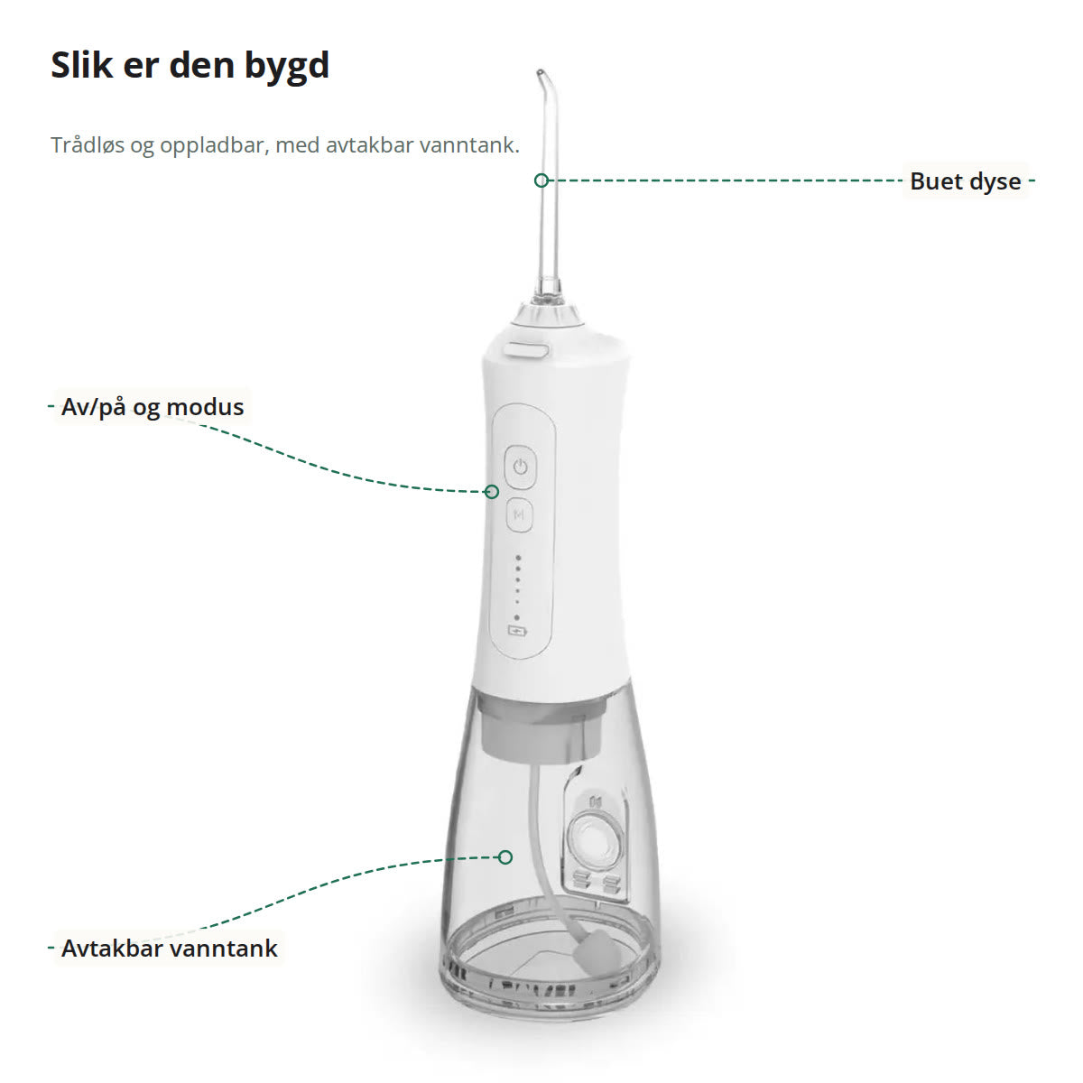 Vannflosseren med buet dyse, knapper for av/på og modus og avtakbar vanntank markert