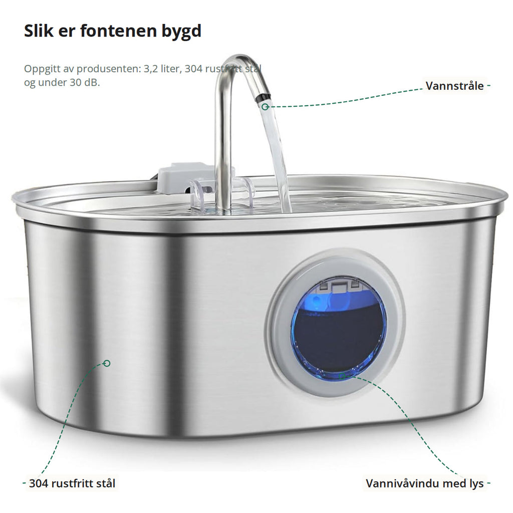 Vannfontenen med vannstråle, vannivåvindu med lys og kar i 304 rustfritt stål markert