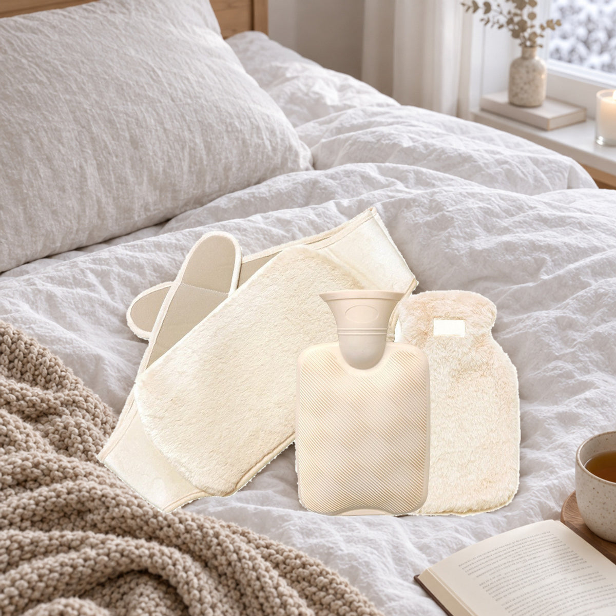 Dette får du: plysjbelte med lomme, varmeflaske på 1 liter og plysjtrekk (her i krem)