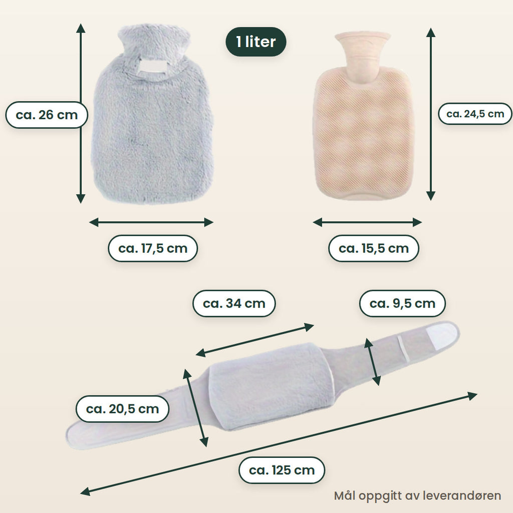 Settet med mål: trekk ca. 26 × 17,5 cm, flaske ca. 24,5 × 15,5 cm på 1 liter, belte ca. 125 cm med midtparti ca. 34 × 20,5 cm