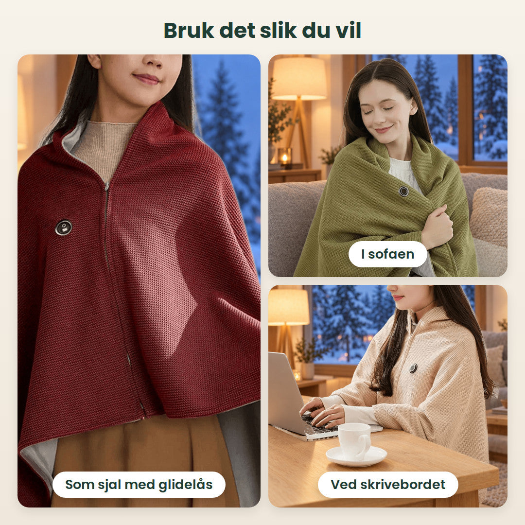 Varmesjalet brukt som sjal med glidelås, i sofaen og ved skrivebordet