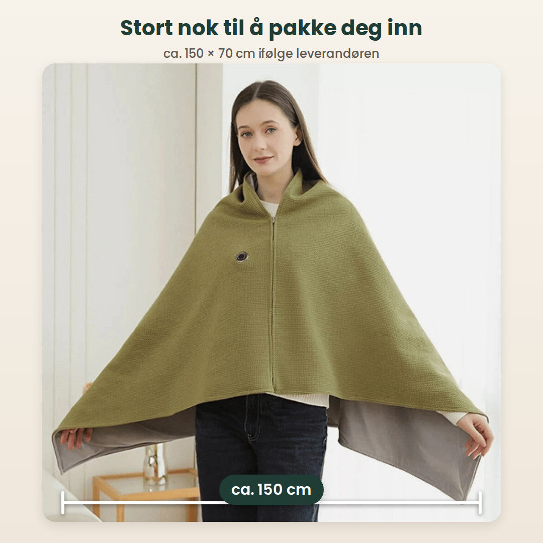 Kvinne med armene ut i det olivengrønne sjalet, ca. 150 × 70 cm ifølge leverandøren