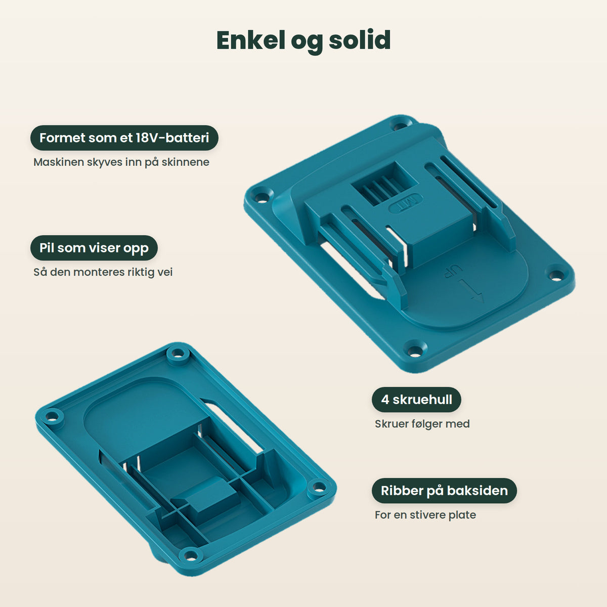 Veggholderen forfra og bakfra: formet som et 18V-batteri, pil som viser opp, fire skruehull og ribber på baksiden