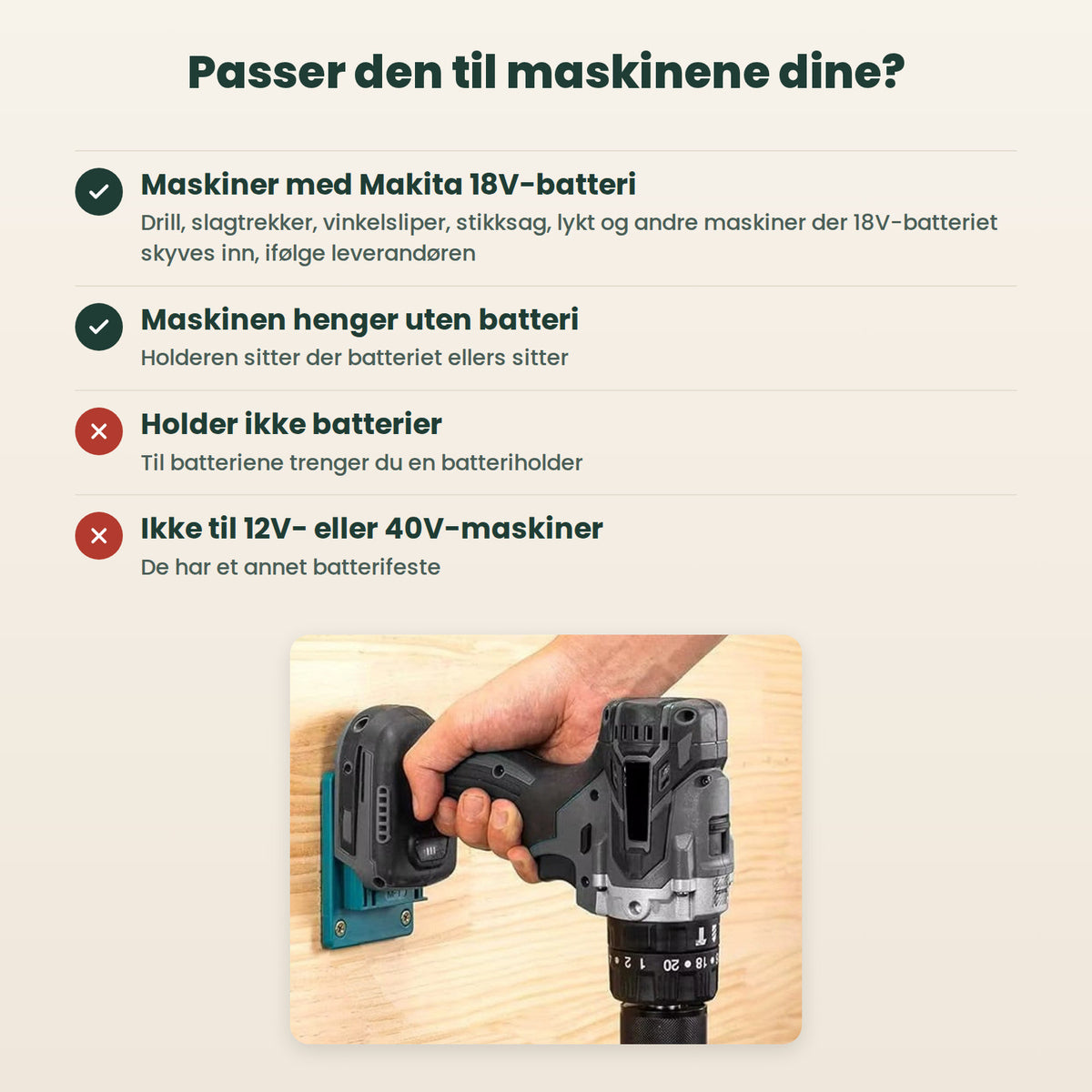 Passer til maskiner med Makita 18V-batteri; holder ikke batterier og passer ikke til 12V- eller 40V-maskiner