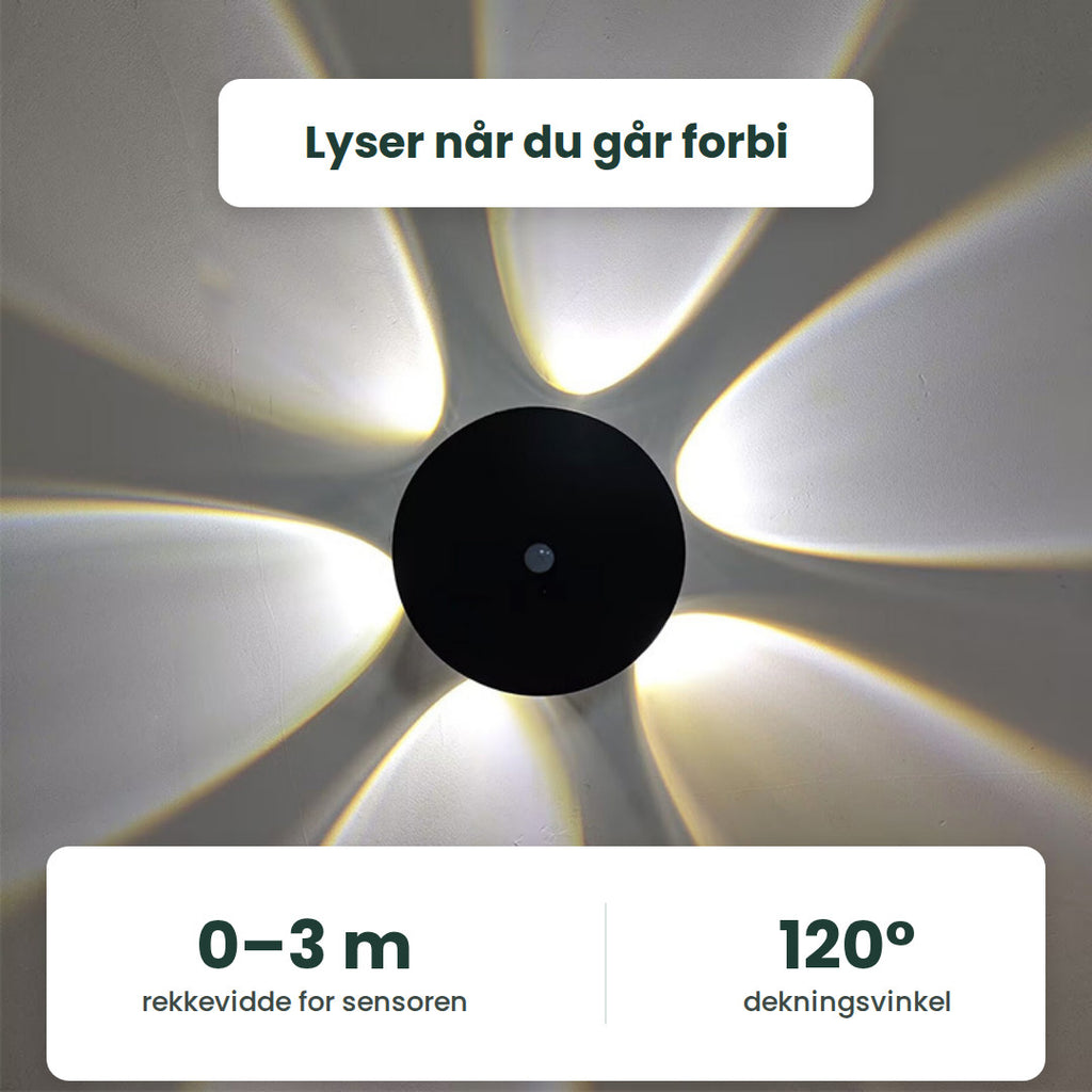 Svart lampe som lyser opp veggen: sensoren når 0–3 m med 120° dekningsvinkel