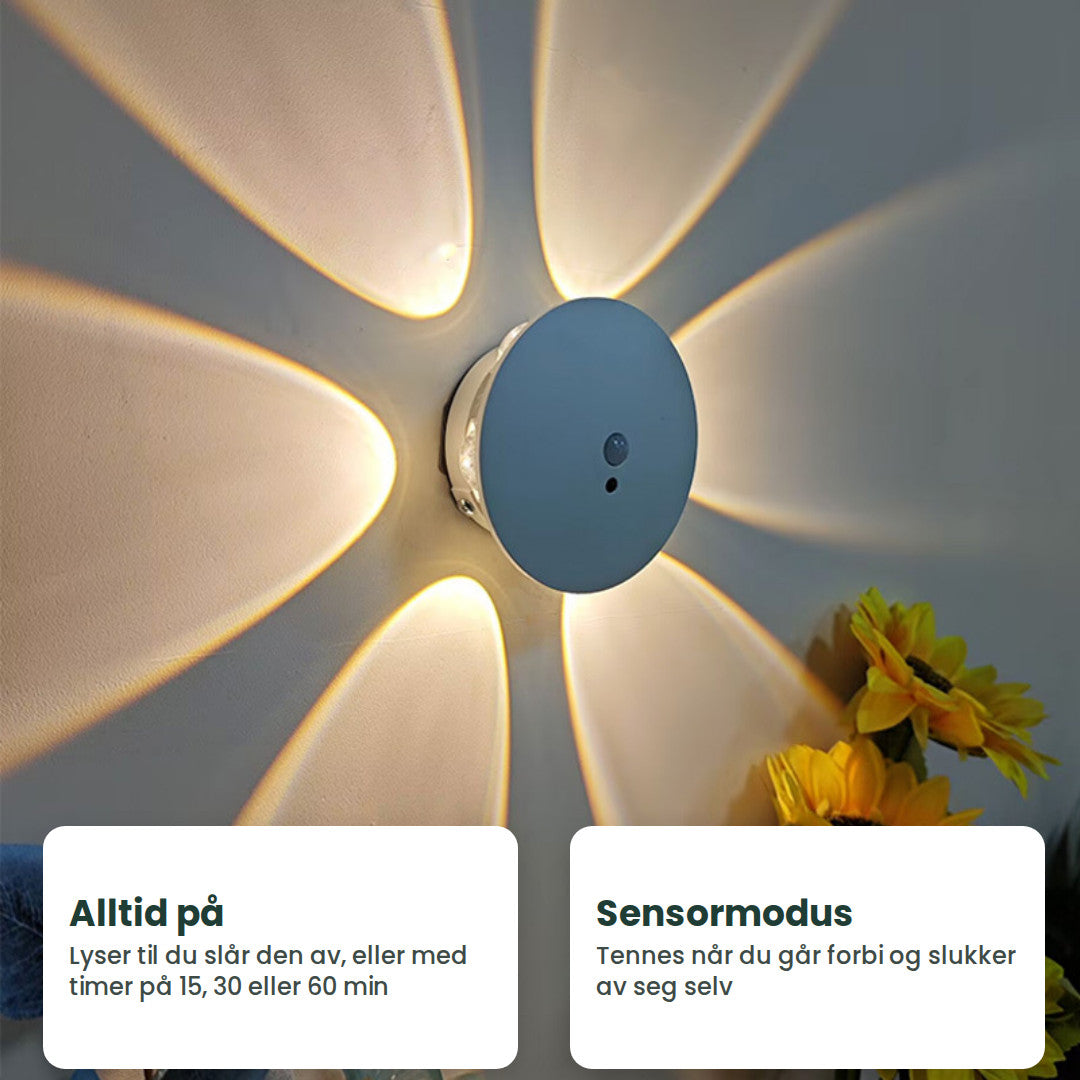 Hvit lampe med blomsterlys: alltid på med timer, eller sensormodus som tenner og slukker av seg selv