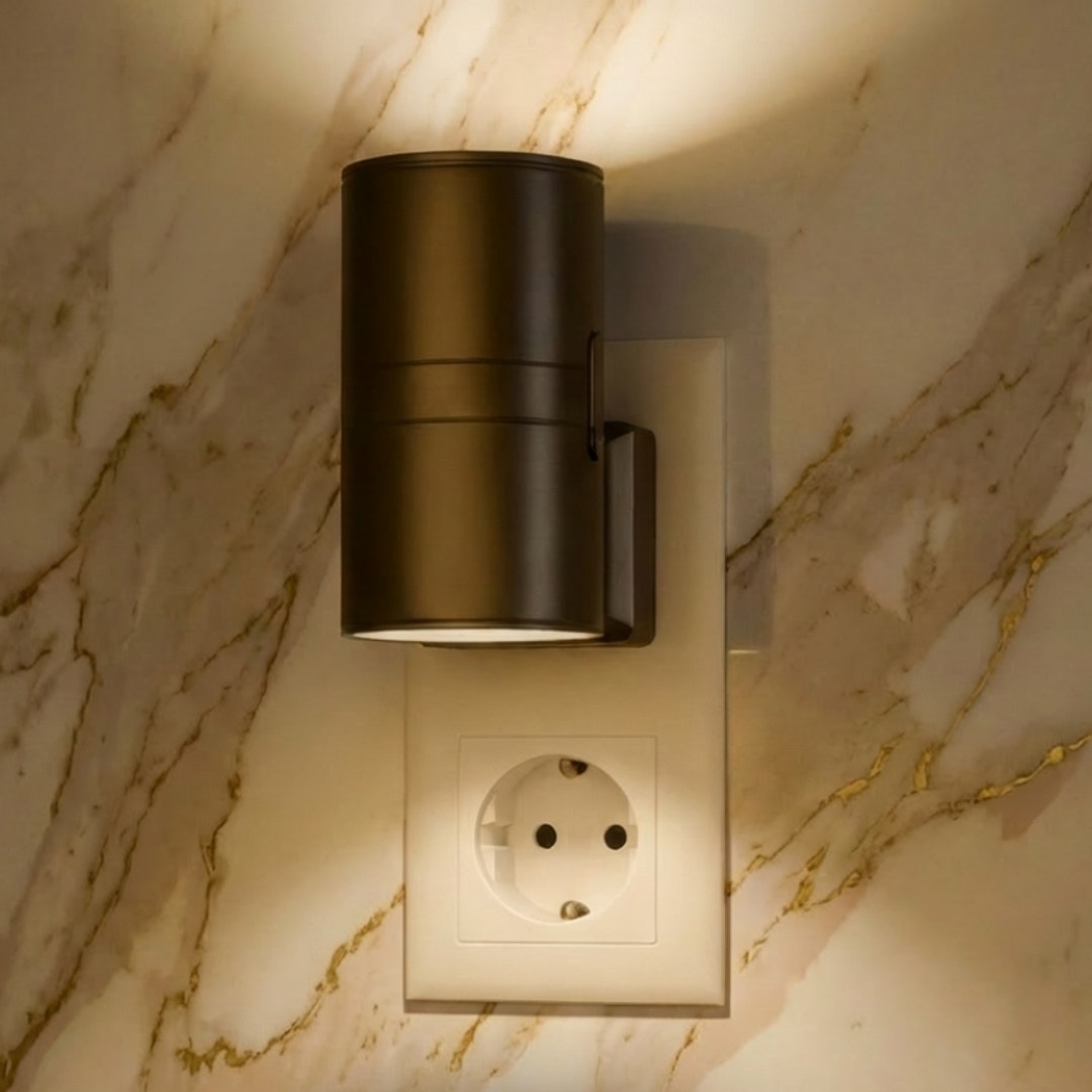 Sort vegglampe med varmt lys, satt rett i en stikkontakt på en marmorvegg