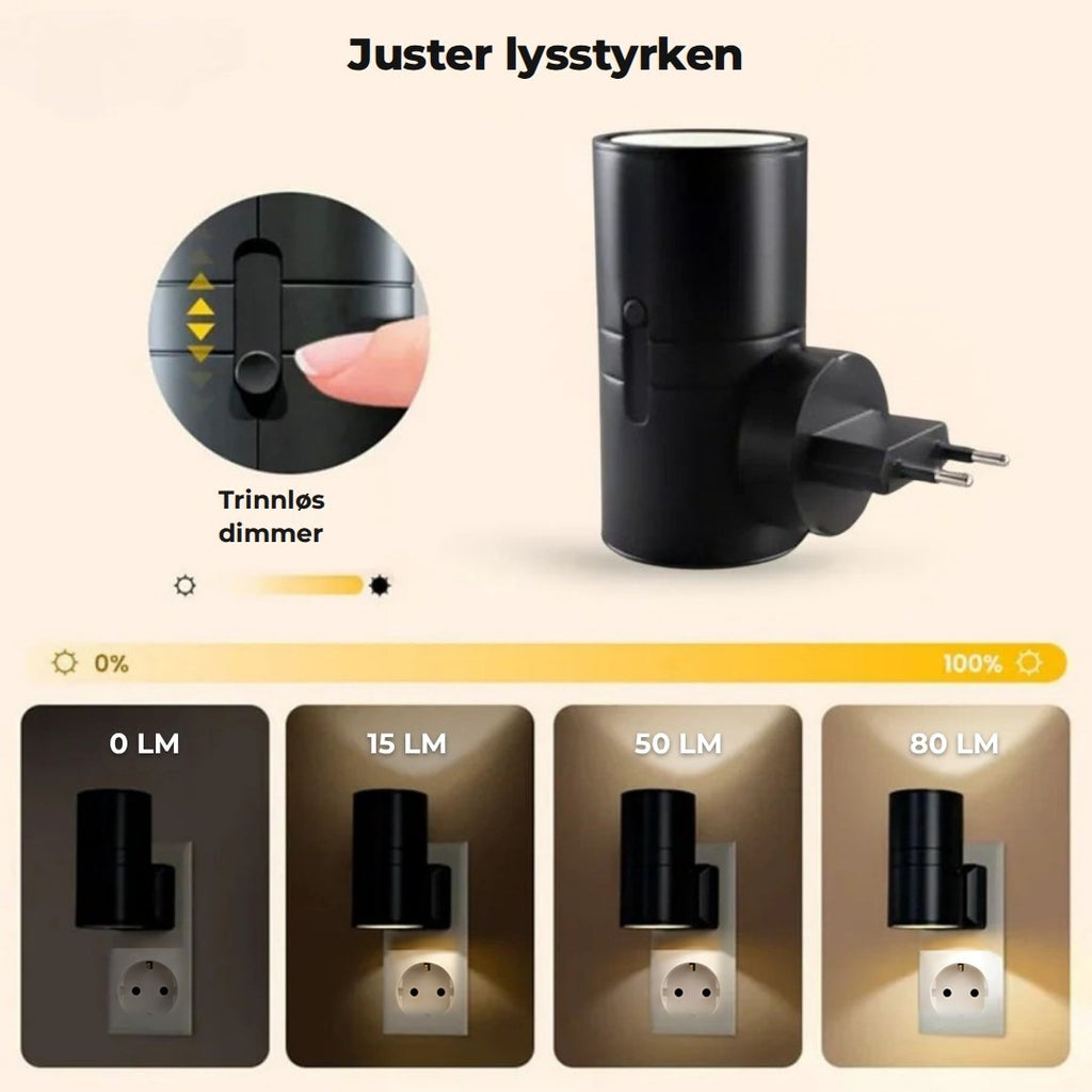 Trinnløs dimmer på siden av lampen, fra 0 til 80 lumen