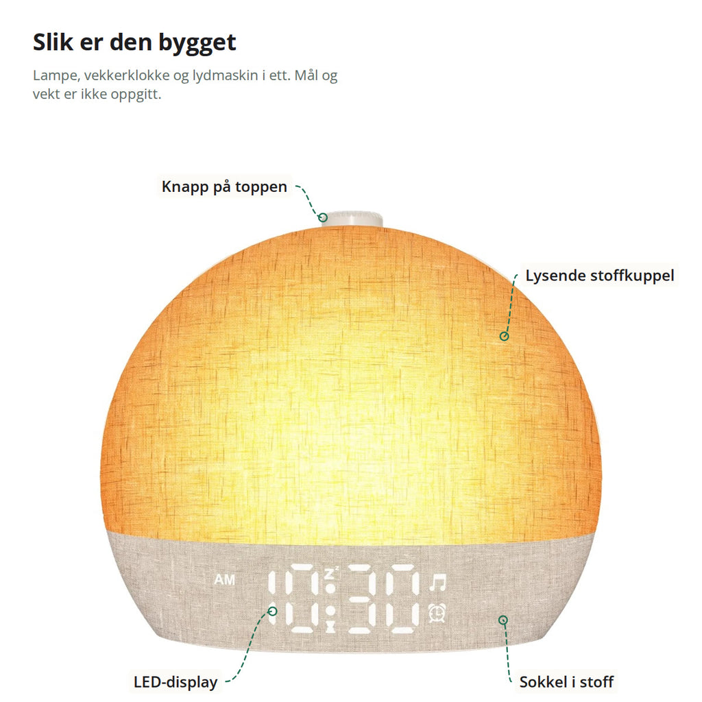 Vekkerklokken merket med knapp på toppen, lysende stoffkuppel, LED-display og sokkel i stoff