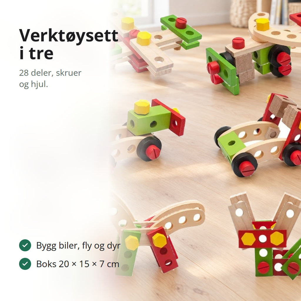 Byggesett i tre for barn satt sammen til fly, biler og hest på et tregulv