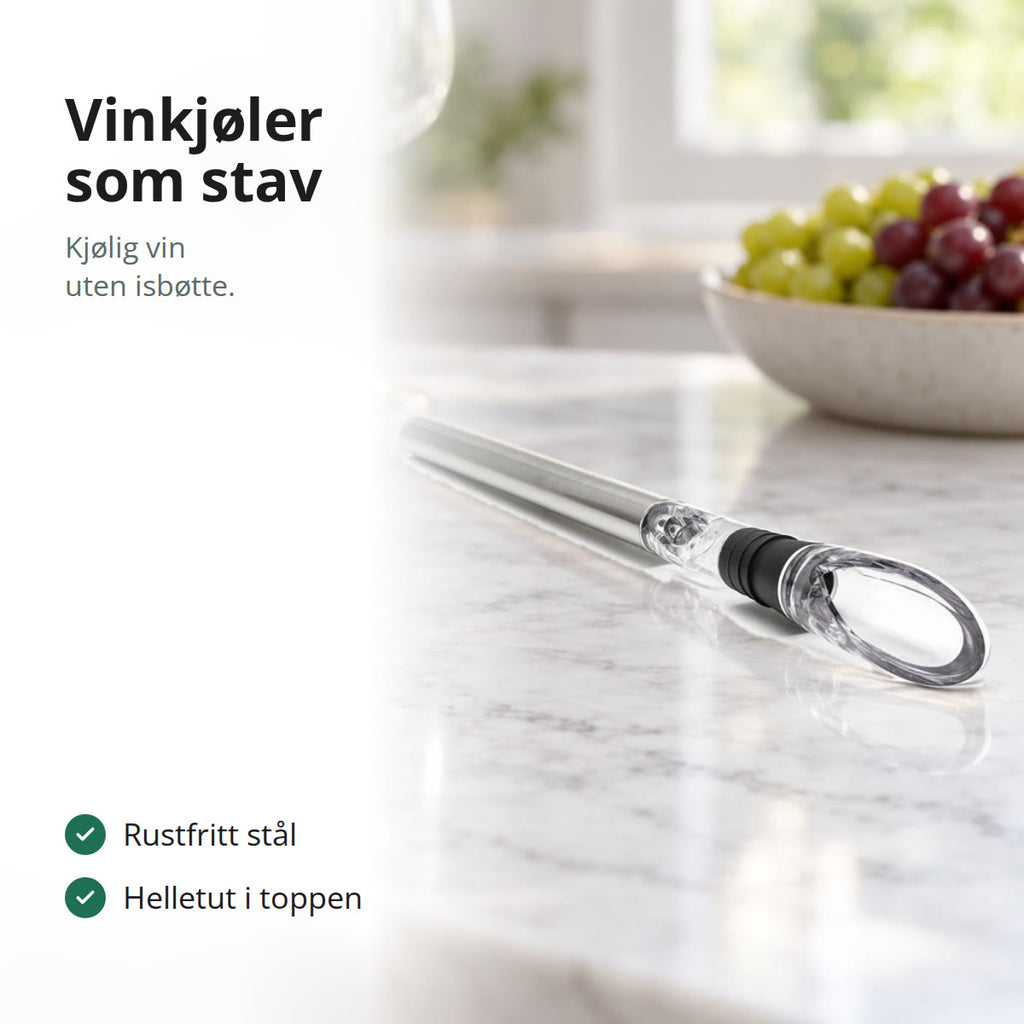 Vinkjøler stav i rustfritt stål med helletut på en marmorbenk