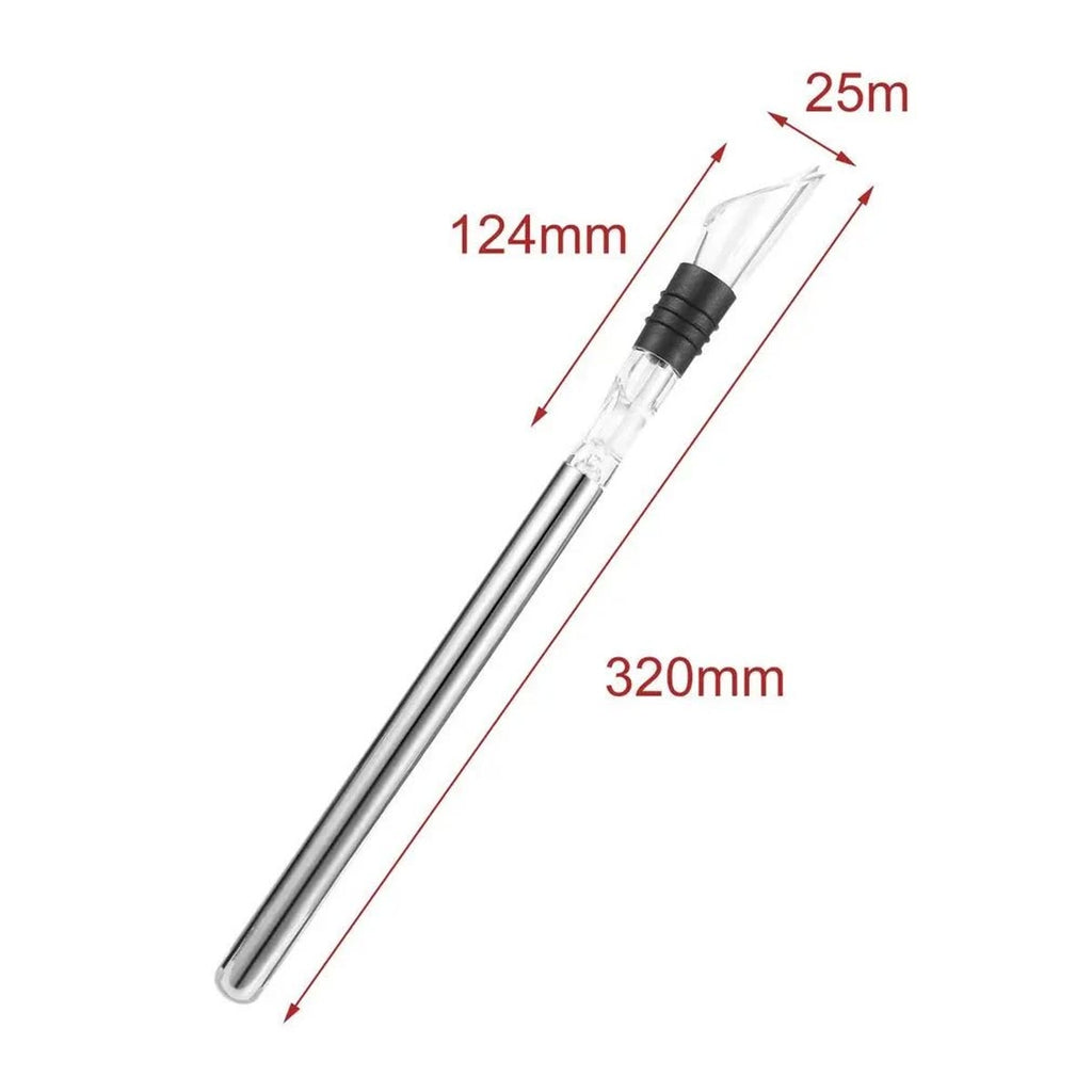 Målskisse av vinkjøleren: staven er 320 mm lang, og helletuten 124 mm