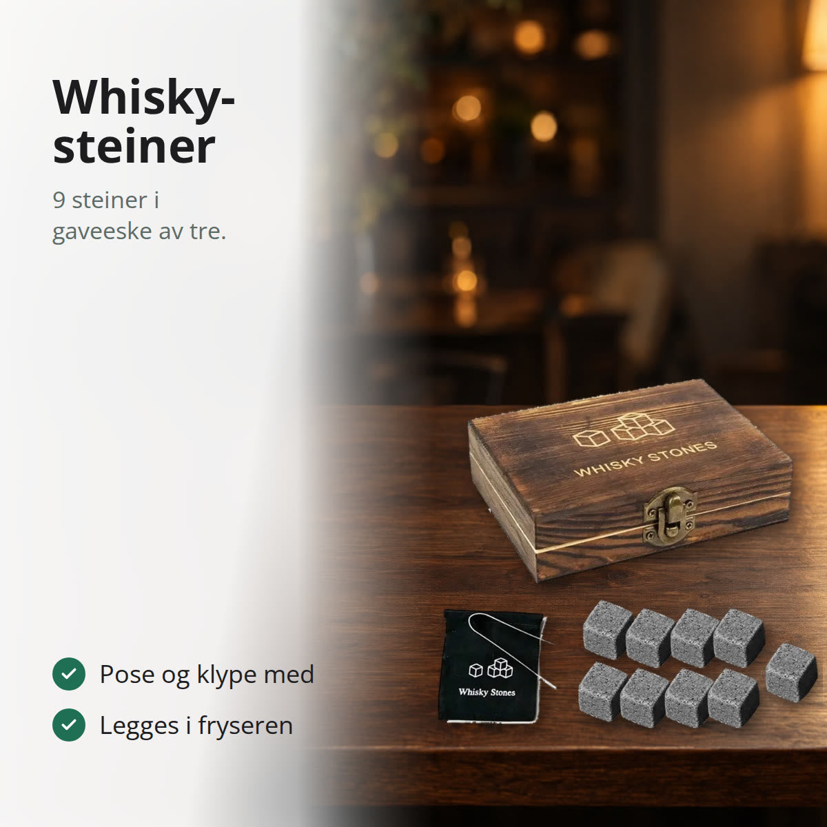 Whiskysteiner i treeske med ni steiner, pose og klype på et mørkt trebord i kveldslys
