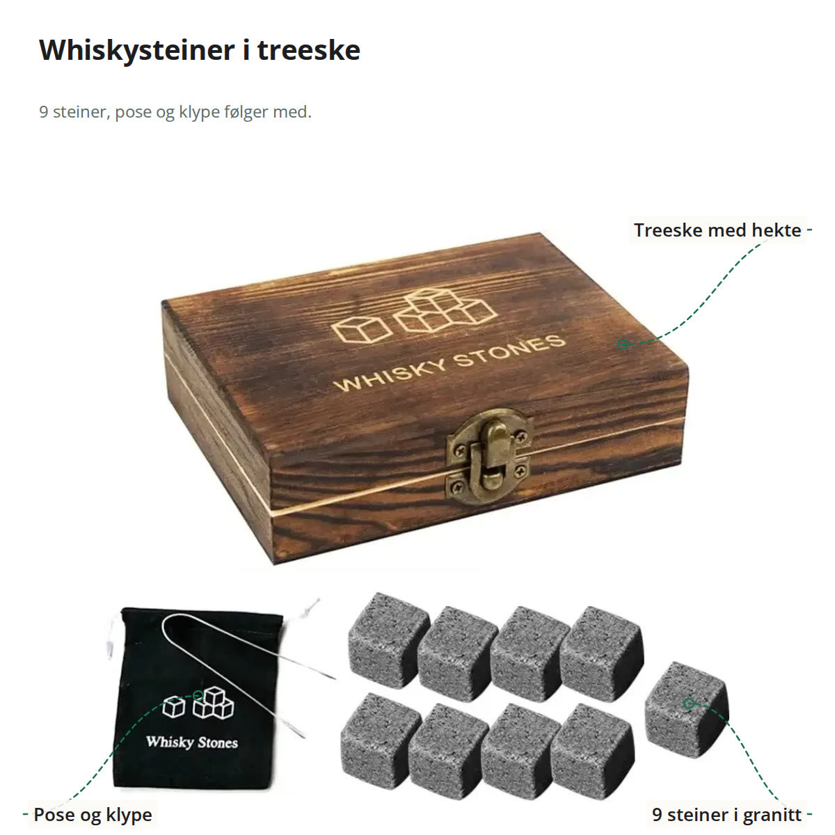 Whiskysteiner i treeske merket med treeske med hekte, ni steiner i granitt og pose og klype