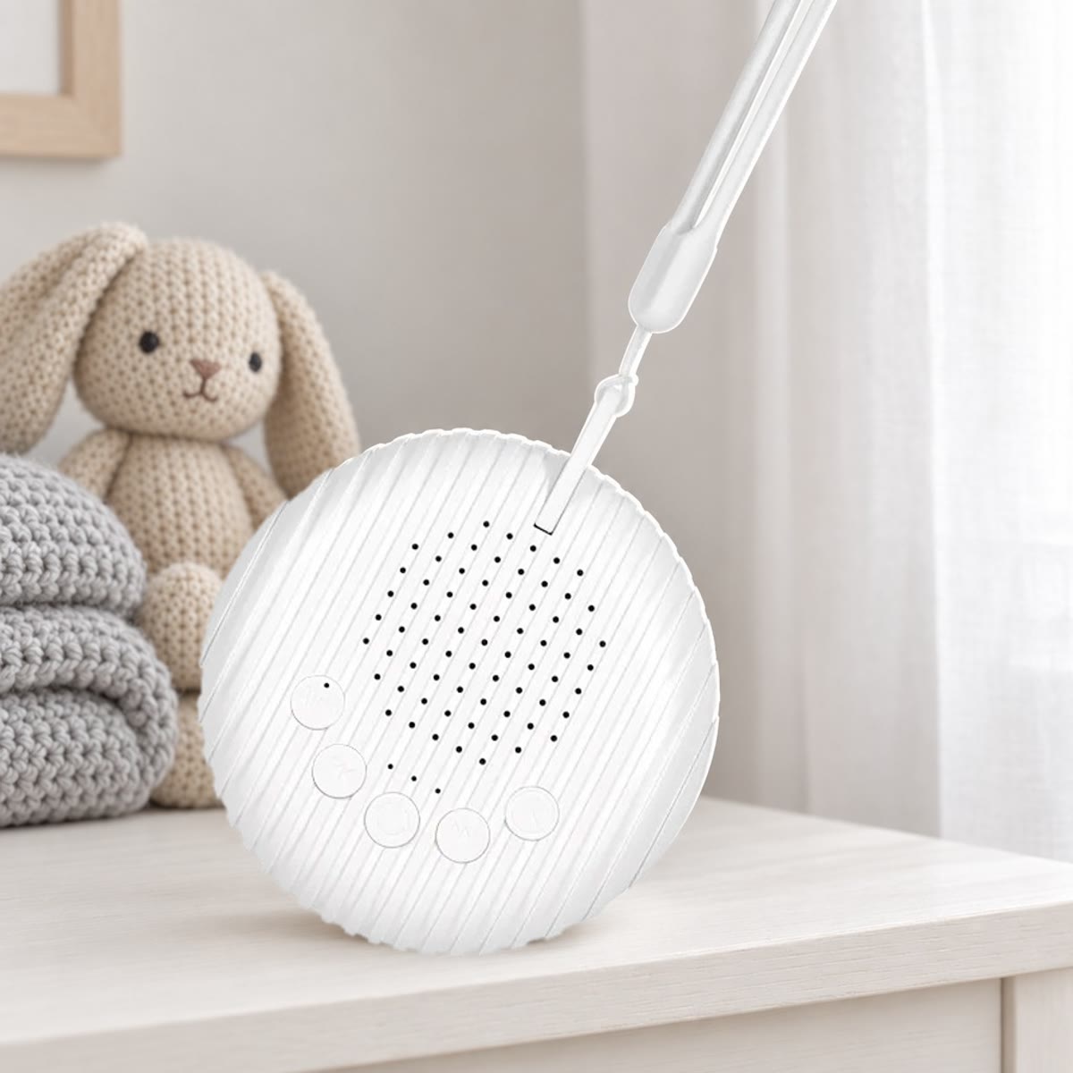 Hvit white noise maskin med snor på en hylle på barnerommet, ved siden av en strikket kanin og et pledd