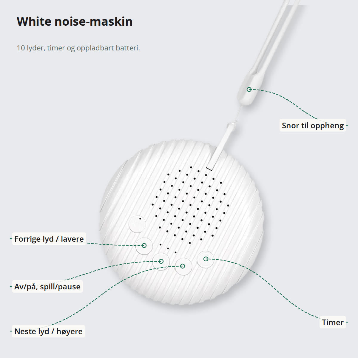 White noise maskin merket med snor, knappene for forrige og neste lyd, av/på og timer